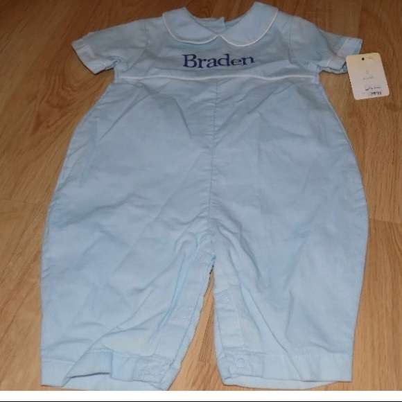 Size 3 Months Petit Ami Light Blue Corduroy One-Piece Romper BRADEN Embroidered - Picture 4 of 5